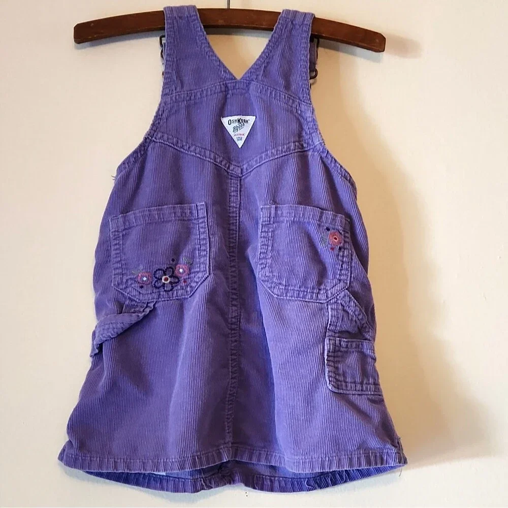 OshKosh B’Gosh Corduroy Overalls Purple Dress Sz 24mos Embroidered Flowers Y2K